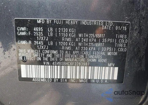 2015 Subaru Outback 2.5I Premium from USA, damaged, VIN 4S4BSBHC6F3283987